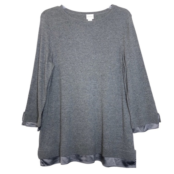 CHICO’S Size 2 Gray Cotton Blend Sweater w Satin Trim Standard Size Large 12/14 - Picture 1 of 6